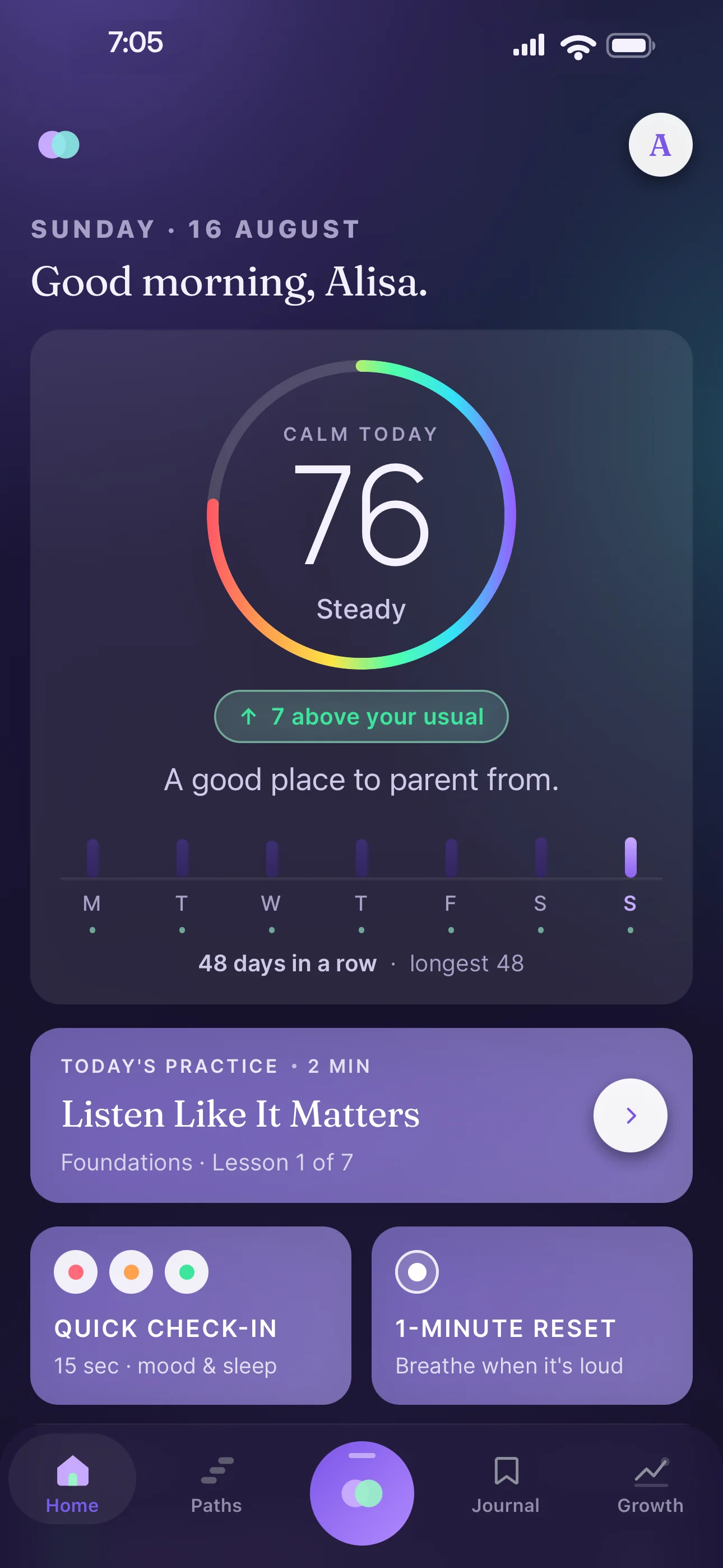 Mango Parent home screen in night mode, showing today's Calm Score